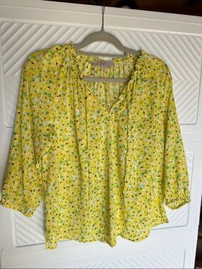 LOFT Yellow Floral Peasant Blouse with Tie